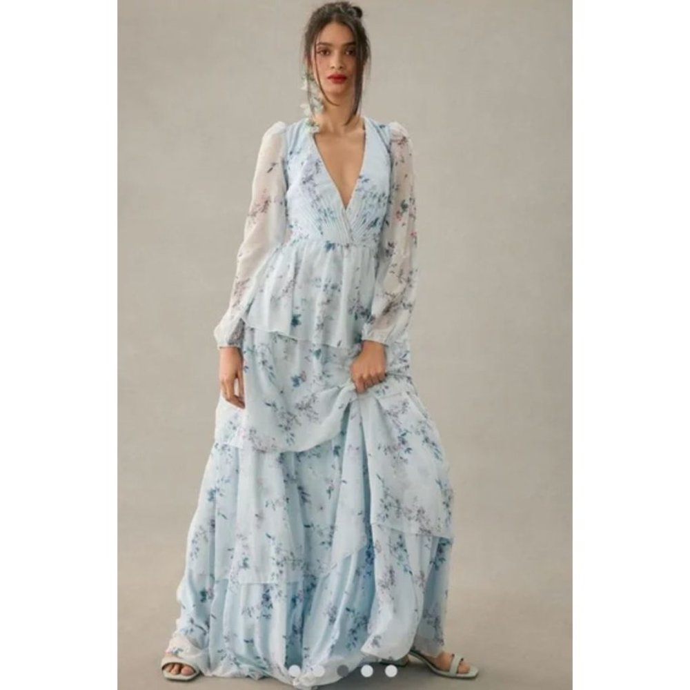 Anthropologie Mac Duggal Ruffled Floral Print Illusion Long Sleeve Gown Dress 14 - Picture 1 of 9